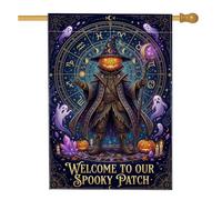 Drapeau de maison d'Halloween avec citation du zodiaque citrouilles | Thème astrologique du zodiaque, drapeau de cour, illustrations de fantômes mystiques, accents de cristal