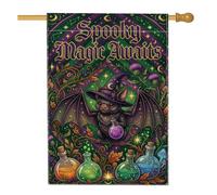 Drapeau de maison d'Halloween avec citation effrayante chauve-souris | Chapeau de sorcière, drapeau de cour, bouteilles de potion, accents botaniques, lettrage gothique, thème nuit mystique