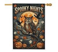 Drapeau de maison d'Halloween avec citation effrayante chouette automne | Jack-o-lanternes, drapeau de pelouse, feuilles de récolte, corbeaux, pleine lune, décoration de cour extérieure