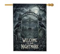 Drapeau de maison d'Halloween avec citation effrayante de cimetière 71 x | Portail gothique en fer, drapeau de pelouse, corbeaux perchés, pleine lune, décoration de cour effrayante
