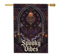 Drapeau de maison d'Halloween avec citation effrayante gothique fantastique | Architecture gothique, drapeau de pelouse, vitrail, citation effrayante, ambiance aux chandelles, art fantastique sombre