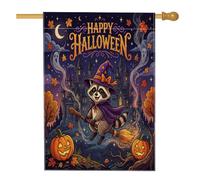 Drapeau de maison d'Halloween en forme de raton laveur 71,1 x 101,6 cm pour l'extérieur, sorcière drôle de vacances, drapeau vertical standard en lin pour la maison, le devant de la cour, la