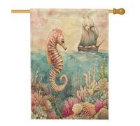 Drapeau de maison d'hippocampe d'été de 71,1 x 101,6 cm double face pour décoration extérieure, océan côtier amusant pour la maison, la mer, sous-marin, extérieur, petit drapeau de pelouse