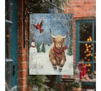 Drapeau de maison d'hiver « Merry Christmas Highland » - 71,1 x 101,6 cm - Pour extérieur, bonhomme de neige, cardinal de Noël, animal de Noël, drapeau vertical standard en lin pour maison, vacances
