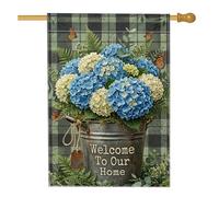 Drapeau de maison d'hortensia rustique, seau à papillons bleu en toile de jute double face pour extérieur, pelouse, cour, patio, entrée 71,1 x 101,6 cm