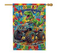 Drapeau de maison dinosaure, camion monstre caricatural, pièces de puzzle sans toile de jute verte, double face, grand drapeau de jardin pour extérieur, pelouse, cour, patio, entrée 71,1 x 101,6 cm