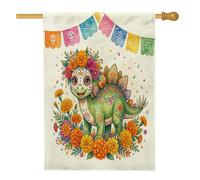 Drapeau de maison dinosaure Jour des morts 71,1 x 101,6 cm pour extérieur, crâne floral, drapeau vertical standard en lin, joli motif drapeau avant cour arrière décoration extérieure