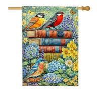 Drapeau de maison d'oiseaux, nature vintage livres fleurs printemps jaune double face toile de jute extérieur grand drapeau de jardin pour extérieur, pelouse, cour, patio, entrée 71,1 x 101,6 cm