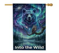 Drapeau de maison d'ours, faune cosmique hibou et arbre nature bleu double face en toile de jute avant porche drapeaux décoratifs pour extérieur, cour, pelouse, patio, porte, entrée 71,1 x 101,6 cm