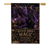 Drapeau de maison Dragon - Boule de cristal fantaisie chat mystique - Halloween - Violet - Double face - Décoration extérieure - Pour extérieur, cour, pelouse, patio, porte, entrée - 71 x 101 cm