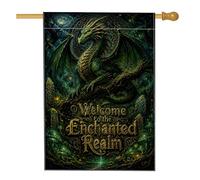 Drapeau de maison dragon, champignons mystiques fantastiques lune fantaisie vert toile de jute double face avant porche drapeaux décoratifs pour extérieur, pelouse, cour, patio, entrée 71,1 x 101,6 cm