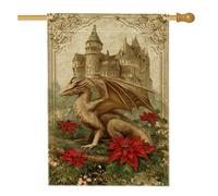 Drapeau de maison dragon, château fantastique poinsettia hiver en toile de jute dorée double face pour porche, extérieur, terrasse, cour, pelouse, entrée, balcon, 71 x 101 cm