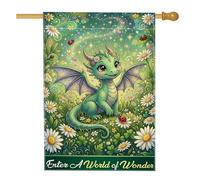 Drapeau de maison dragon, chrysanthème fantaisie coccinelle vert d'été double face en toile de jute pour porche, extérieur, cour, pelouse, patio, porte, entrée, 71,1 x 101,6 cm