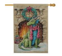 Drapeau de maison dragon - Couronne festive d'hiver - Cheminée de Noël - Vert - Double face en toile de jute - Grand drapeau de jardin pour extérieur, terrasse, cour, pelouse, entrée, balcon - 71,1 x