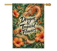 Drapeau de maison dragon, drapeau tropical fantaisie hibiscus papillon d'été vert toile de jute double face pour porche, extérieur, pelouse, cour, patio, entrée 71,1 x 101,6 cm