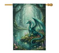 Drapeau de maison dragon fantaisie en toile de jute bleu sarcelle double face pour porche, extérieur, cour, pelouse, patio, porte, entrée, 71,1 x 101,6 cm