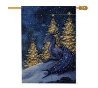 Drapeau de maison Dragon - Fantaisie - Hiver - Neige - Arbres de Noël - Bleu - Double face en toile de jute - Drapeaux décoratifs pour extérieur, terrasse, pelouse, entrée, camping - 71,1 x 101,6 cm