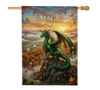 Drapeau de maison Dragon - Fantastique - Feuilles d'automne - Vert - Toile de jute double face - Pour extérieur, terrasse, pelouse, entrée, camping - 71,1 x 101,6 cm