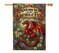 Drapeau de maison dragon, flammes fantastiques, fleurs d'été rouge en toile de jute double face, drapeaux décoratifs pour extérieur, terrasse, pelouse, entrée, camping, 71,1 x 101,6 cm