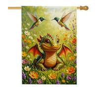 Drapeau de maison dragon, fleurs fantaisie colibri vert printemps toile de jute double face avant porche drapeaux décoratifs pour extérieur, terrasse, pelouse, entrée, camping 71,1 x 101,6 cm