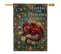 Drapeau de maison dragon, fleurs fantaisie, oiseaux, fantaisie, rouge, double face, en toile de jute pour extérieur, pelouse, cour, terrasse, entrée, 71,1 x 101,6 cm