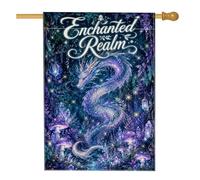 Drapeau de maison dragon - Lanterne champignon mystique - Violet automne - Double face en toile de jute - Grand drapeau de jardin pour extérieur, terrasse, cour, pelouse, entrée, balcon - 71 x 101 cm
