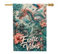Drapeau de maison Dragon - Perroquet exotique tropical hibiscus - Bleu sarcelle - Double face - En toile de jute - Pour extérieur, pelouse, cour, patio, entrée - 71 x 101 cm