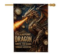Drapeau de maison Dragon Steampunk Fantasy Gears Flame Adventure en toile de jute dorée double face pour extérieur, cour, pelouse, patio, porte, entrée, 71,1 x 101,6 cm