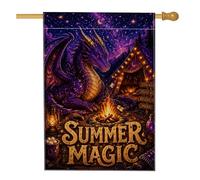 Drapeau de maison dragon, tente d'aventure fantastique, feu de camp, violet d'été, toile de jute double face, grand drapeau de jardin pour extérieur, cour, pelouse, terrasse, porte, entrée, 71,1 x