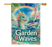Drapeau de maison dragon, voilier, fleurs d'été turquoise double face en toile de jute pour extérieur, terrasse, pelouse, entrée, camping, 71,1 x 101,6 cm