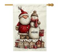 Drapeau de maison du Père Noël, bonhomme de neige, maison de Noël rouge double face en toile de jute décorative pour extérieur, pelouse, cour, patio, entrée 71,1 x 101,6 cm