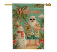 Drapeau de maison du Père Noël, bonhomme de neige tropical, palmier, Noël, toile de jute turquoise, double face, drapeaux décoratifs pour extérieur, pelouse, cour, patio, entrée 71,1 x 101,6 cm