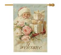 Drapeau de maison du Père Noël, cadeaux vintage de Noël pivoines de Noël rouges double face en toile de jute décorative pour extérieur, terrasse, cour, pelouse, entrée, balcon, 71 x 101,6 cm