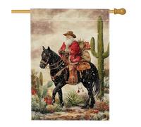 Drapeau de maison du Père Noël, cheval rustique, cactus de Noël rouge double face en toile de jute décorative pour extérieur, cour, pelouse, terrasse, porte, entrée, 71,1 x 101,6 cm