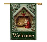 Drapeau de maison du Père Noël, couronne de Noël traditionnelle stable verte double face en toile de jute pour extérieur, cour, pelouse, terrasse, porte, entrée, 71,1 x 101,6 cm