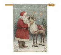 Drapeau de maison du Père Noël, rennes traditionnels, flocons de neige, Noël rouge double face en toile de jute décorative pour extérieur, terrasse, pelouse, entrée, camping, 71,1 x 101,6 cm
