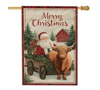 Drapeau de maison du Père Noël, rustique vache des Highlands, sapins, Noël rouge double face en toile de jute avant de porche, drapeaux décoratifs pour extérieur, pelouse, cour, patio, entrée 71,1 x