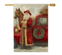 Drapeau de maison du Père Noël vintage cheval rouge camion de Noël rouge double face en toile de jute extérieur grand drapeau de jardin pour extérieur, terrasse, pelouse, entrée, camping 71,1 x 101,6