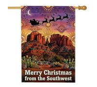 Drapeau de maison du sud-ouest du désert de Noël avec des roches rouges, 71 | Paysage du désert du sud-ouest, drapeau de cour, silhouette de traîneau du Père Noël, silhouette de nuit étoilée