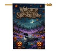 Drapeau de maison effrayant avec citation d'Halloween du lac Loon 71,1 x | Jack-o'-lanternes, drapeau de pelouse, croissant de lune, feuilles d'automne, brouillard étrange, décoration de jardin