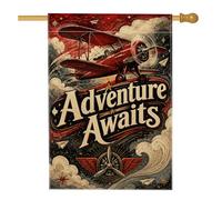 Drapeau de maison en avion, vintage, aventure, nuages, étoiles, aventure, toile de jute rouge, double face, pour extérieur, porche, terrasse, pelouse, entrée, camping, 71,1 x 101,6 cm
