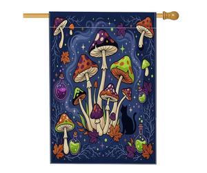 Drapeau de maison en champignons, potions de chat colorées fantaisies d'Halloween en toile de jute double face pour porche, extérieur, terrasse, cour, pelouse, entrée, balcon, 71,1 x 101,6 cm