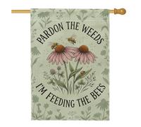 Drapeau de maison en échinacée, abeilles fantaisistes botaniques coccinelles vertes printanières en toile de jute double face pour extérieur, terrasse, cour, pelouse, entrée, balcon, 71 x 101 cm