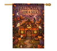 Drapeau de maison en forme de citrouilles fantaisie, scène d'Halloween, 71 | Chalet citrouilles, drapeau de cour, animaux de la forêt, fantômes mignons, feuillage d'automne, thème récolte