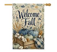 Drapeau de maison en forme de citrouilles rustiques en coton de blé bleu automne double face décoratif pour extérieur, porche, terrasse, pelouse, entrée, camping, 71 x 101,6 cm