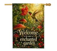 Drapeau de maison en forme de colibri, champignon enchanté fantaisie, fleur de printemps vert en toile de jute double face pour porche, extérieur, cour, pelouse, terrasse, porte, entrée, 71,1 x 101,6