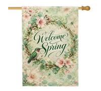Drapeau de maison en forme de colibri, couronne florale botanique printanière, vert printanier, double face, en toile de jute pour porche, extérieur, pelouse, cour, terrasse, entrée, 71,1 x 101,6 cm