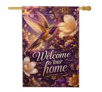 Drapeau de maison en forme de colibri, fleurs élégantes et feuilles violettes double face en toile de jute pour extérieur, terrasse, cour, pelouse, entrée, balcon, 71,1 x 101,6 cm