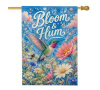 Drapeau de maison en forme de colibri, fleurs fantaisistes printanières, abeilles, toile de jute bleue double face pour extérieur, cour, pelouse, terrasse, porte, entrée, 71,1 x 101,6 cm