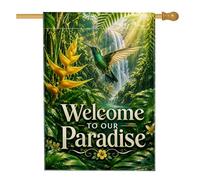 Drapeau de maison en forme de colibri, nature tropicale, fleurs jaunes, feuilles vertes, vert d'été, double face, en toile de jute pour porche, extérieur, terrasse, cour, pelouse, entrée, balcon, 71 x